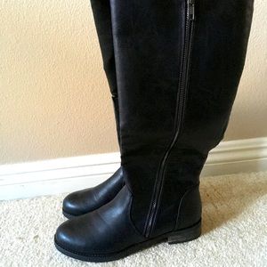 Black Faux Leather Knee High Zip Boots